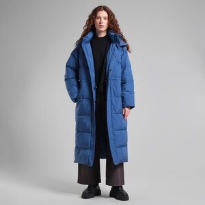 VTG Eddie Bauer Goose Down Long Puffer Coat Women’s Sm. Black Label Blue flawed